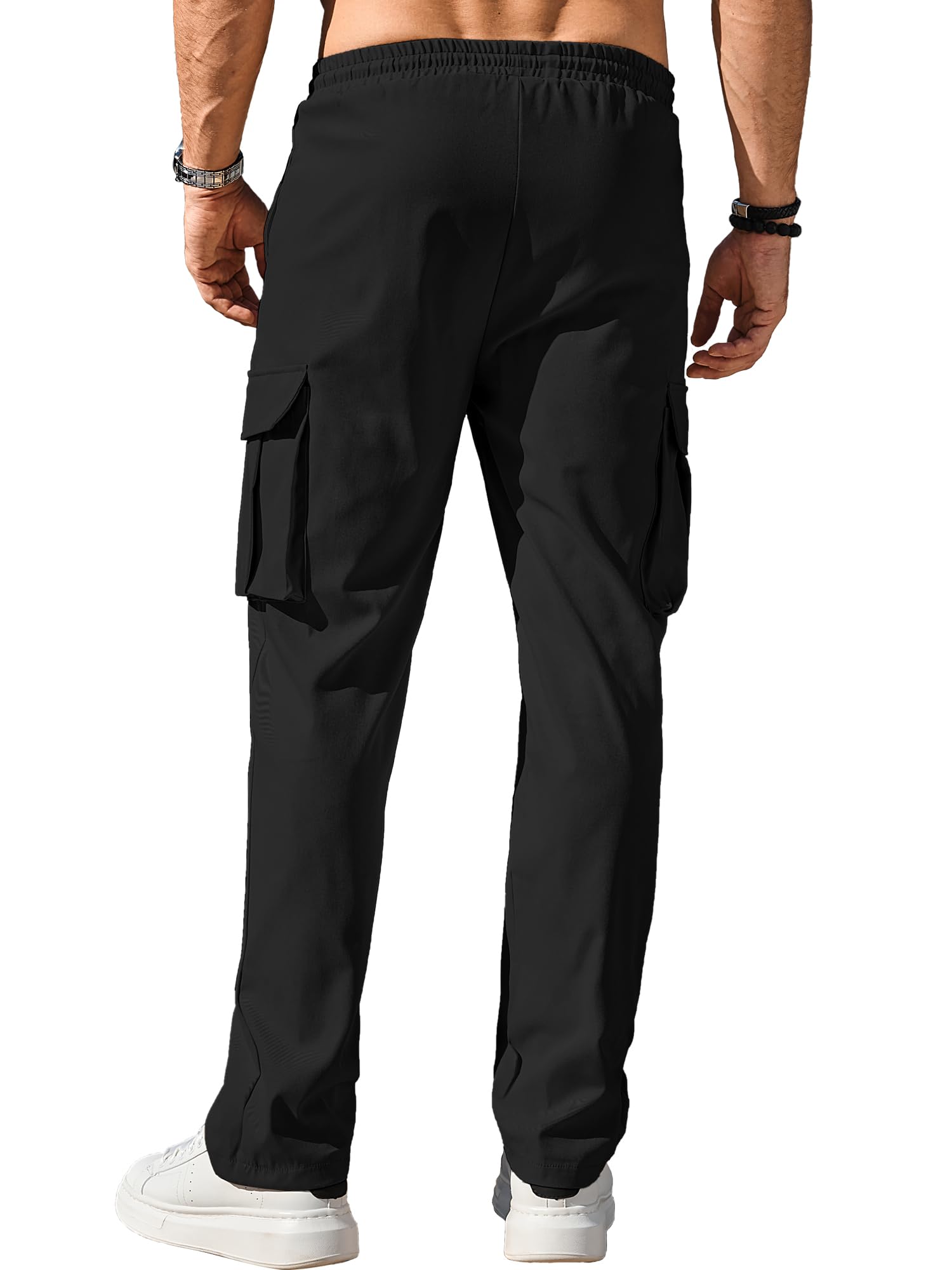 Comdecevis Men's Casual Cargo Pants Workout Joggers Stretch Sweatpants Hiking Drawstring Tactical Pants with Multi Pockets Black