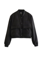 Load image into Gallery viewer, Megfie Womens Cropped Bomber Jacket Button Down Varsity Jackets Shackets with Pockets(0394-Black-M)
