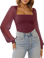 Load image into Gallery viewer, PINKMSTYLE Basic Square Neck Bodysuits for Women Fitted Double Lined Fall Tops Mesh Long Sleeve Shirts Trendy Going Out Tops Burgundy Medium

