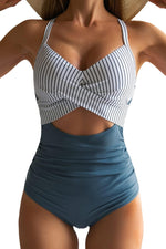 Load image into Gallery viewer, Eomenie Women&#39;s One Piece Swimsuits Tummy Control Cutout High Waisted Bathing Suit Wrap Tie Back 1 Piece Swimsuit Blue Striped
