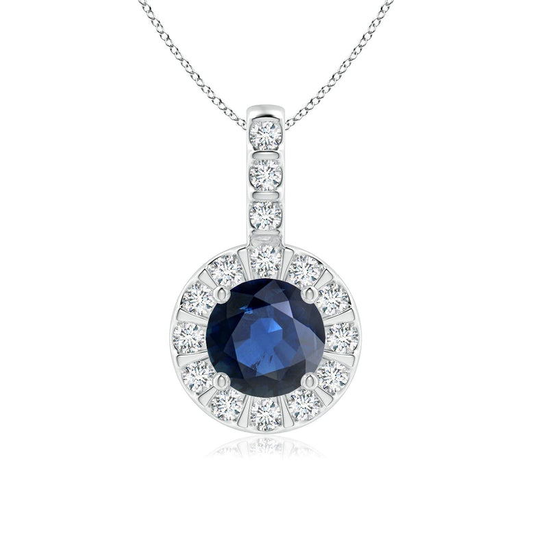 Angara Natural 1 Ct Blue Sapphire and 0.27 Ct Diamond Halo Pendant Necklace for Women in 14K White Gold (Grade-AA | Size-6mm) | September Birthstone, Birthday, Anniversary Jewelry Gift For Women