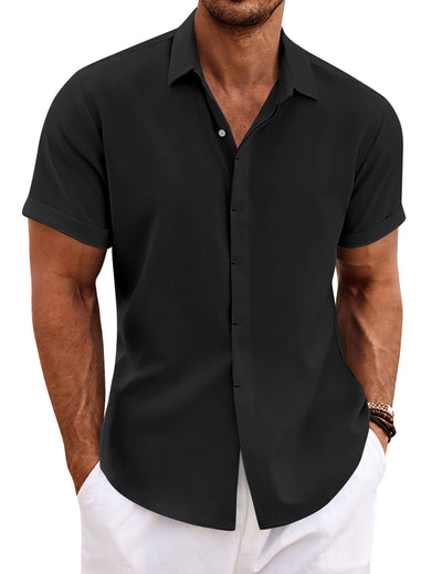 COOFANDY Men's Linen Shirts Short Sleeve Casual Shirts Button Down Shirt for Men Beach Summer Wedding Shirt Black