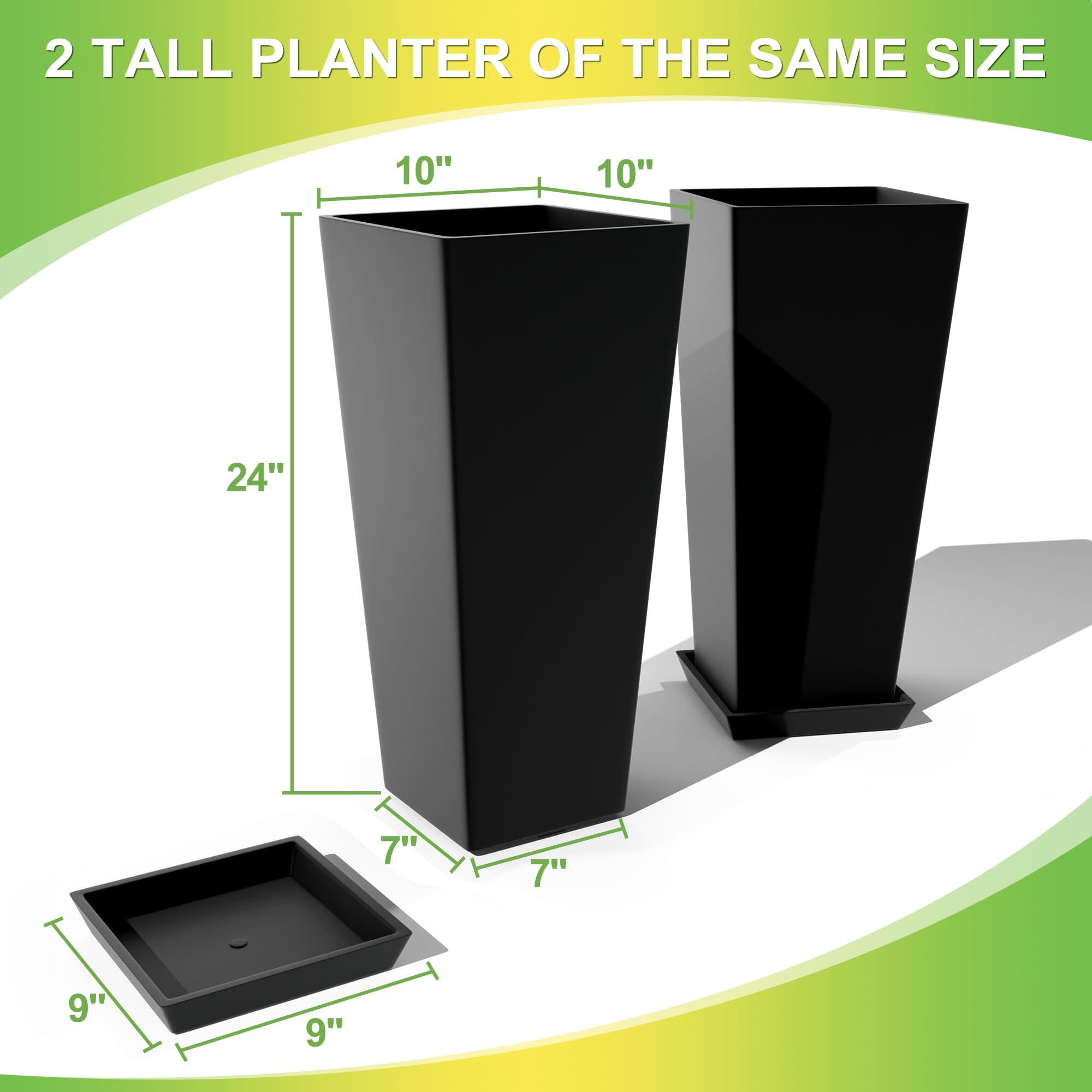 TUYOHW Set of 2 Large Planter for Indoor or Outdoor 24" Tall Flower Pots Tapered Planters with Tray for Porch, Patio, Backyard, Large Planters for Outdoor Indoor Plants (Black)