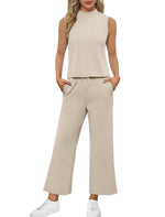 Load image into Gallery viewer, SAMPEEL Lounge Set for Women 2 Piece Spring Outfits 2024 Travel Clothing Summer Business Casual Outfits Sleeveless Wide Leg Crop Pants Sets Matching Sets Women Clothing Khaki S
