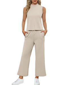 SAMPEEL Lounge Set for Women 2 Piece Spring Outfits 2024 Travel Clothing Summer Business Casual Outfits Sleeveless Wide Leg Crop Pants Sets Matching Sets Women Clothing Khaki S