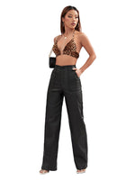 Load image into Gallery viewer, Lover Premium Faux Leather Pants High Waist Coated PU Button Straight Leather Black Leggings Wide Leg Pants with Pockets
