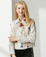 Load image into Gallery viewer, YILANUOYI Women's Embroidered Studded Faux Leather Jacket Moto Punk Jacket Floral Coat (M, XHPY Beige)
