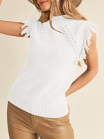 Load image into Gallery viewer, Saodimallsu Womens Sleeveless Sweater Vest Mock Neck Cable Knit Fringe Cap Sleeve Boho Trendy Pullover Tank Tops White
