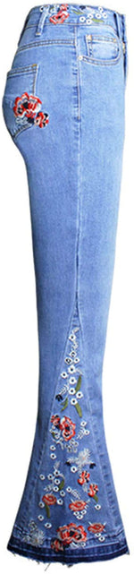 Load image into Gallery viewer, Bell Bottom Jeans for Women Flared Floral Embroidered Jean Wide Leg Denim Pants Size 8 Blue
