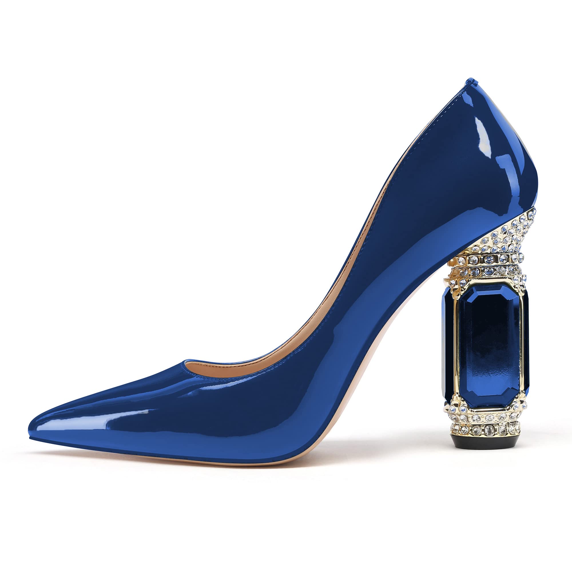 JANSEVEN Women Chunky Heels Pumps Royal Blue Crystal Block Heels with Rhinestones 4 Inches Pointed Toe Sexy Patent Leather Slip on Bridal Party Wedding Dress Shoes US Size 7.5
