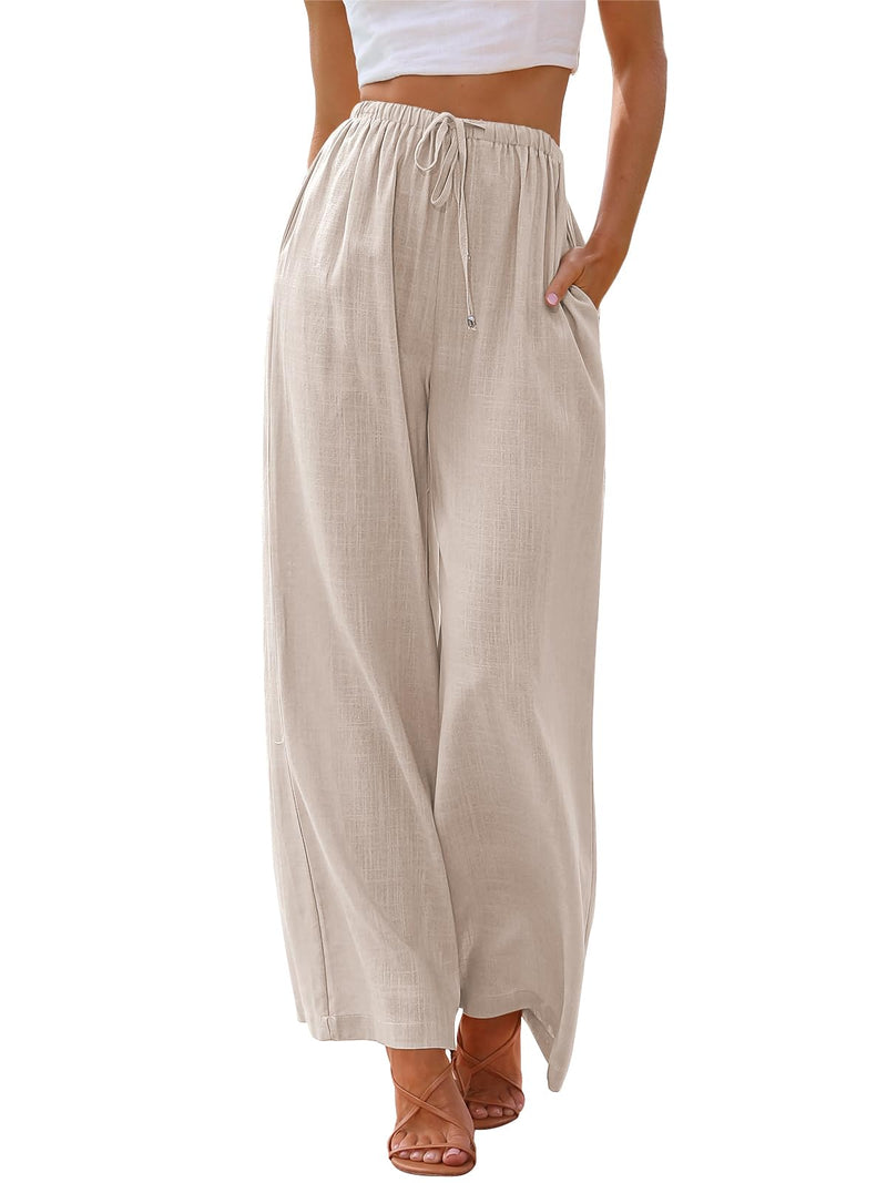 LILLUSORY Linen Wide Leg Pants Womens Palazzo Flowy Beach Vacation 2025 Summer Spring Fashion Outfits Clothes Clothing Trendy Skirt Cruise High Waisted Bohemian Travel Trousers with Pockets Apricot
