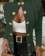 Load image into Gallery viewer, CHICME Women Argyle Cable Cardigan Casual Lightweight Cropped Coat Stand Collar Long Sleeve Metal Button Front Fall Green Jackets-M
