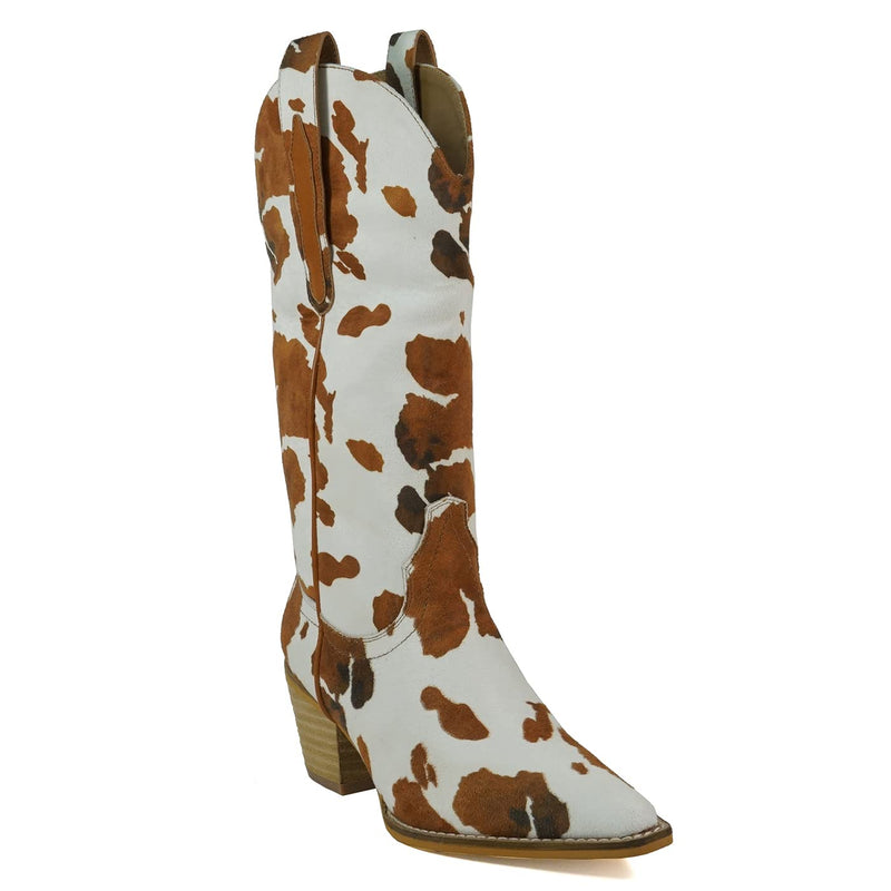 ARiderGirl Hanan Women Mid Calf Boots (Cow White Brown, 8.5)