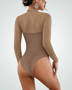 Kentysill Women's Sexy Bodysuit for Outfits: Mock Turtle Neck Long Sleeve Body Suit - Mesh Sheer Ruched Going Out Bodysuits Brown XXL