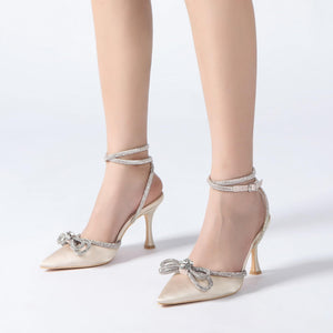 Athlefit Women's Rhinestone Bow Heels Ankle Strap Pointed Toe Stiletto Heeled Sandals Wedding Bridal Dress Pumps Shoes Apricot Size 8