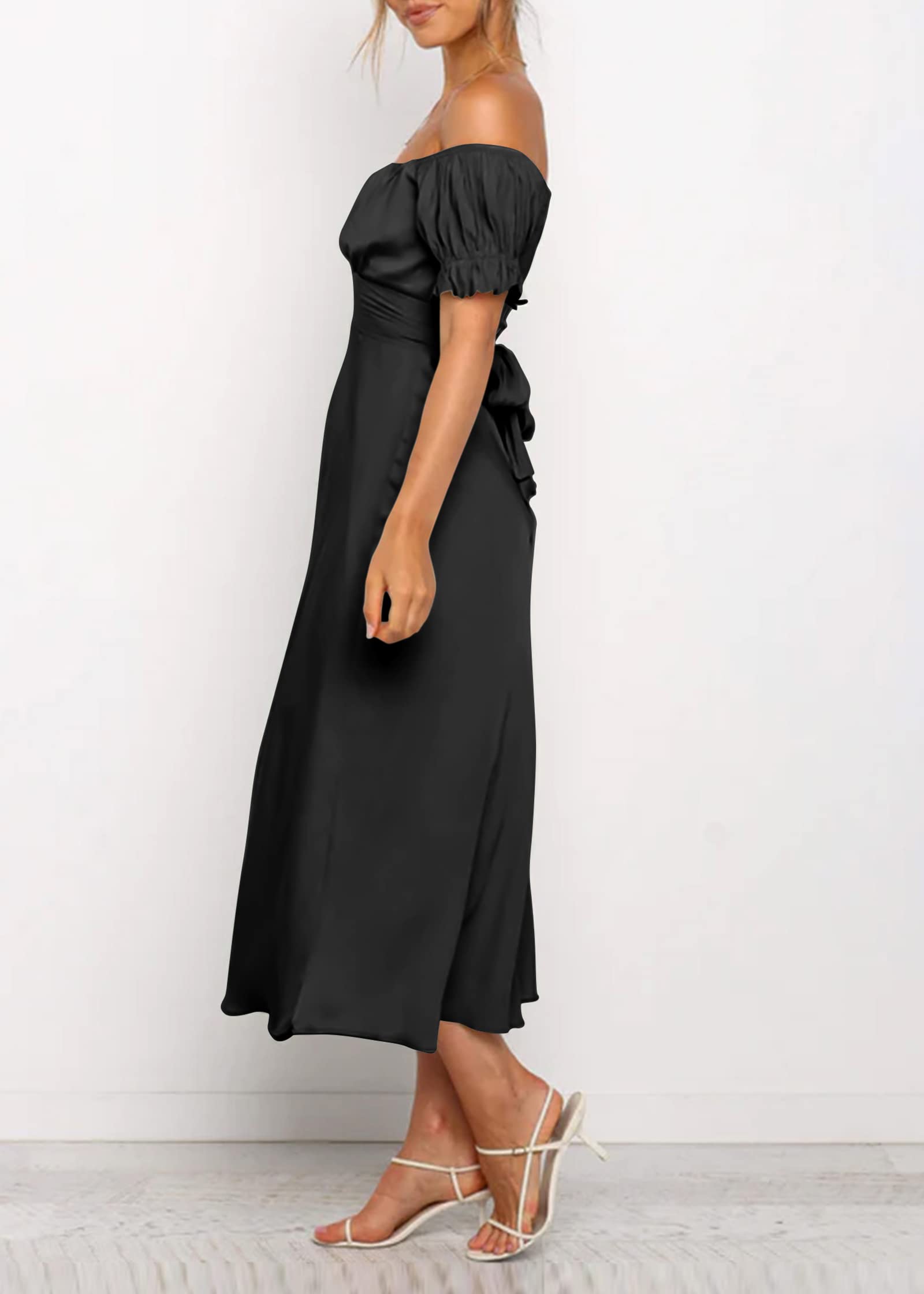 KIRUNDO Women's 2025 Summer Satin Midi Dress Off The Shoulder Wrap Ruched Wedding Guest Party Cocktail Formal Prom Dresses (Black, Medium)