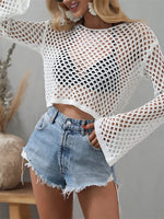 Load image into Gallery viewer, KEOMUD Women Mesh Crochet Crop Top Long Sleeve Hollow Out Knit Sweater Bikini Beach See Through Cover Ups A White Large
