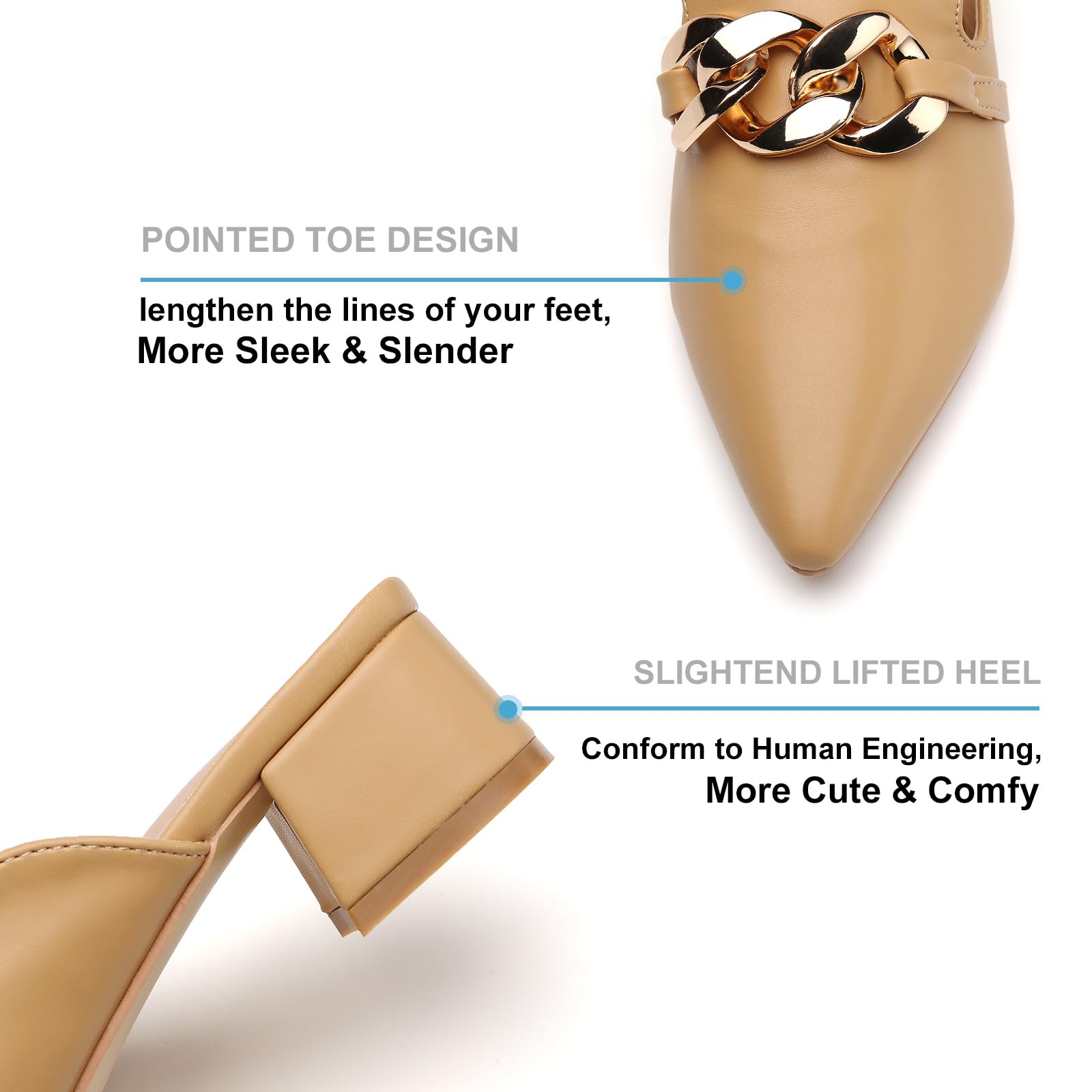 Tilocow Metal Chain Decor Mules Heels for Women Chunky Heeled Sandals Slip on Closed Toe Slides for Women Backless Mules Brown 8
