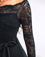 Load image into Gallery viewer, Women Off Shoulder Long Sleeve Black Jumpsuit Floral Embroidery Lace Overalls Casual Wide Leg Rompers with Belt Black-L
