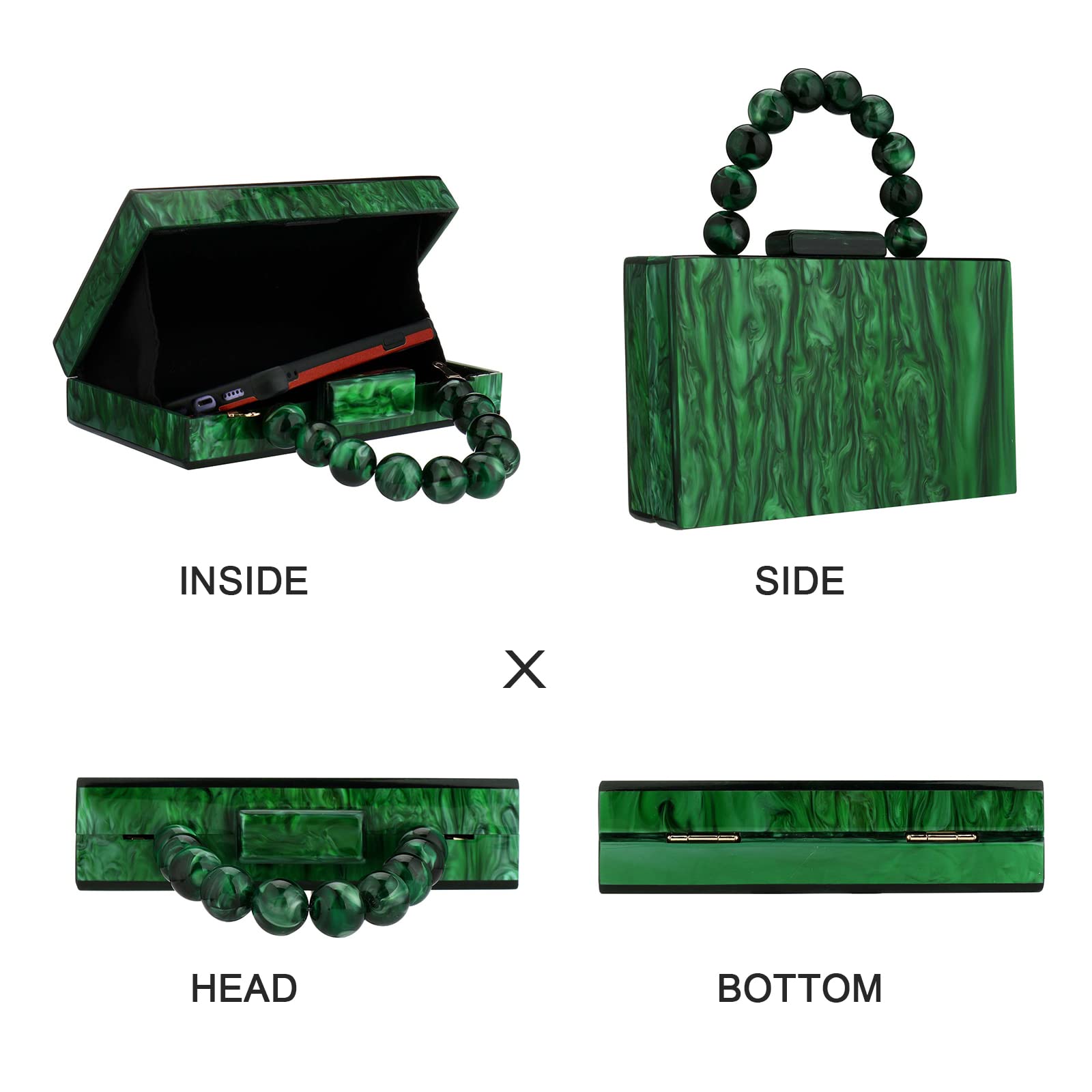 Acrylic Purses Evening Clutch Bag Marbling Handbags for Women Cross Body Bag with Pearl Chain Formal Wedding Prom Party (Dark Green)