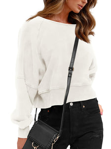 ReachMe Womens Open Back Sweatshirts Crop Backless Long Sleeve Shirts Off the Shoulder Crewneck Workout Tops(White,S)