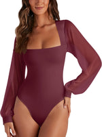 Load image into Gallery viewer, PINKMSTYLE Basic Square Neck Bodysuits for Women Fitted Double Lined Fall Tops Mesh Long Sleeve Shirts Trendy Going Out Tops Burgundy Medium
