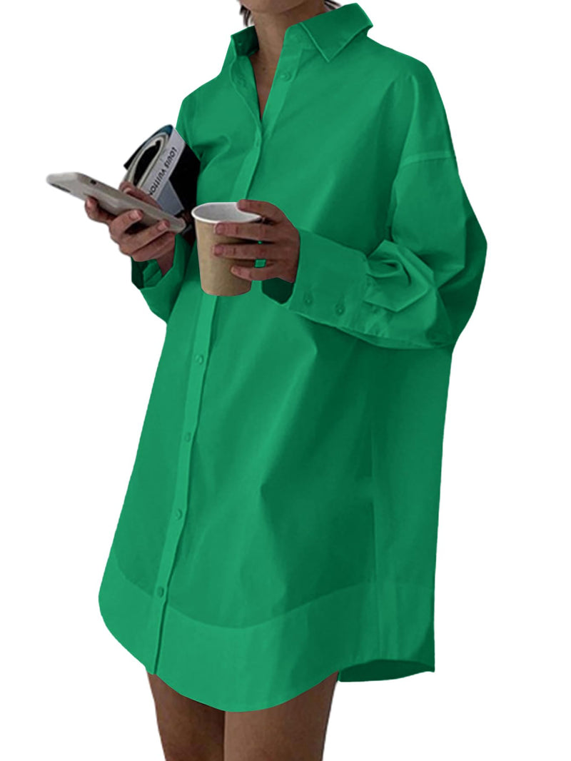 LYANER Women's Casual Shirt Dress Collar V Neck Button Down Loose Long Sleeve Mini Dresses Green Small
