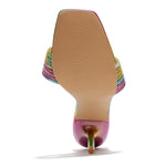 Load image into Gallery viewer, Cape Robbin Women&#39;s Stiletto Heels - Slip-On Sandals with Rhinestone-Embellished Knot &amp; Open Toe (Flynn) - Rainbow Pink Green Yellow Multicolored Size 7
