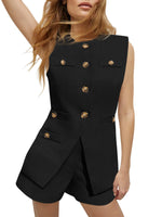 Load image into Gallery viewer, Tankaneo Womens 2 Piece Outfits Casual Suit Sets Sleeveless Button Down Blazer Vest Shorts Office Business Matching Set, Black, Medium
