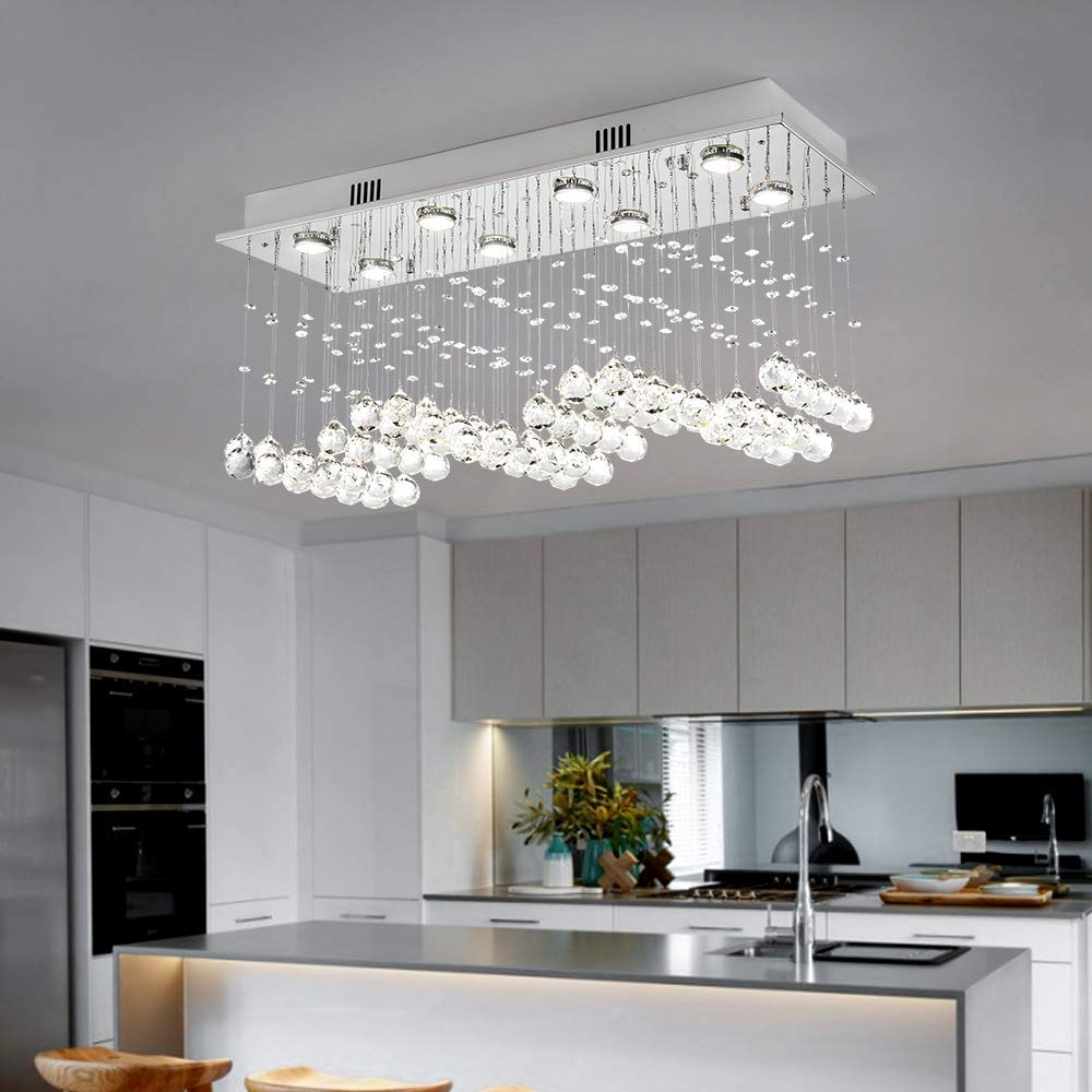 Maxax Rectangle Crystal Raindrop Chandelier, 8 Lights Modern Flush Mount Pendant Lighting, K9 Clear Ceiling Light Fixture, for Living Room, Bedroom, Dining Room, Kitchen Island