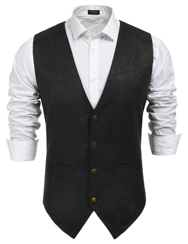COOFANDY Men's Suede Leather Cowboy Vest Casual Western Wedding Vest Jacket Slim Fit Waistcoat