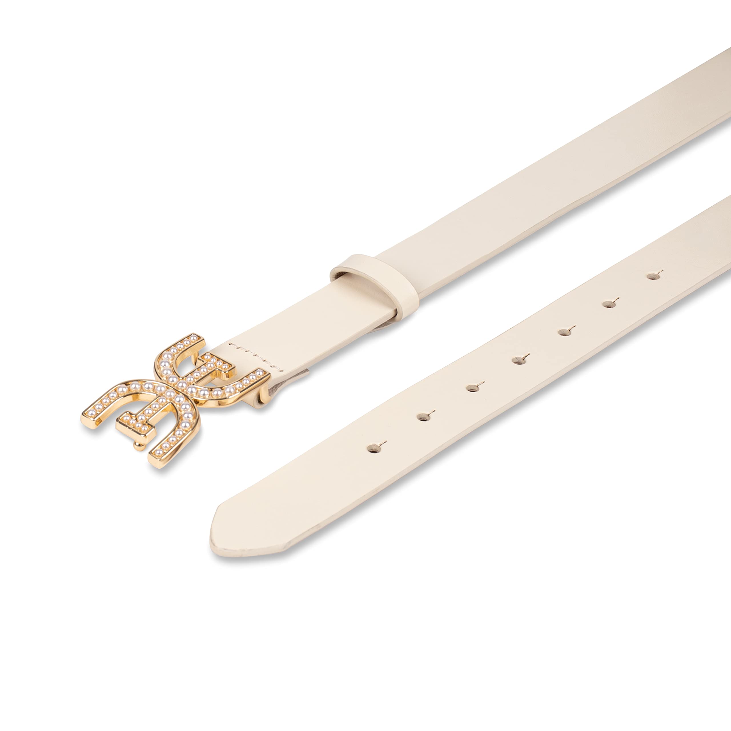 Sam Edelman Women's Pearl Embellished Double-E Logo Plaque Buckle Belt, Ivory, Small