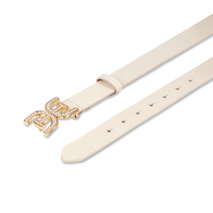 Sam Edelman Women's Pearl Embellished Double-E Logo Plaque Buckle Belt, Ivory, Small