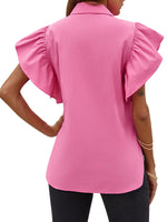 Load image into Gallery viewer, Tankaneo Womens Ruffle Button Down Shirts Cute Summer Short Sleeve Tops Blouse Rose Red
