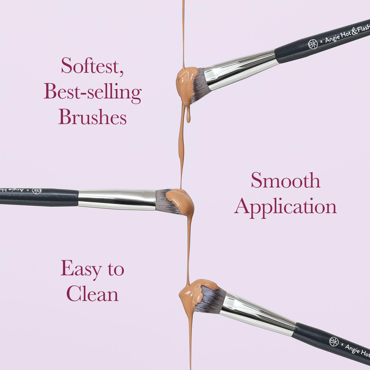 BK BEAUTY BRUSHES - ANGIE HOT & FLASHY Travel Brush Set with Pouch - Foundation Makeup Brushes - Brush for Liquid or Cream Foundations - Under-Eye Concealer | Bronzer, Blush & Highlighter Makeup Brush