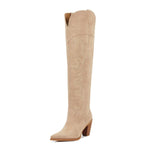 Load image into Gallery viewer, ISNOM Apricot Cowgirl Cowboy Boots for Women Thigh High Western Womens Over the Knee Tall Boots Chunky Heel Country Pointed Toe Wide Calf Embroidery Side Zipper Size 7
