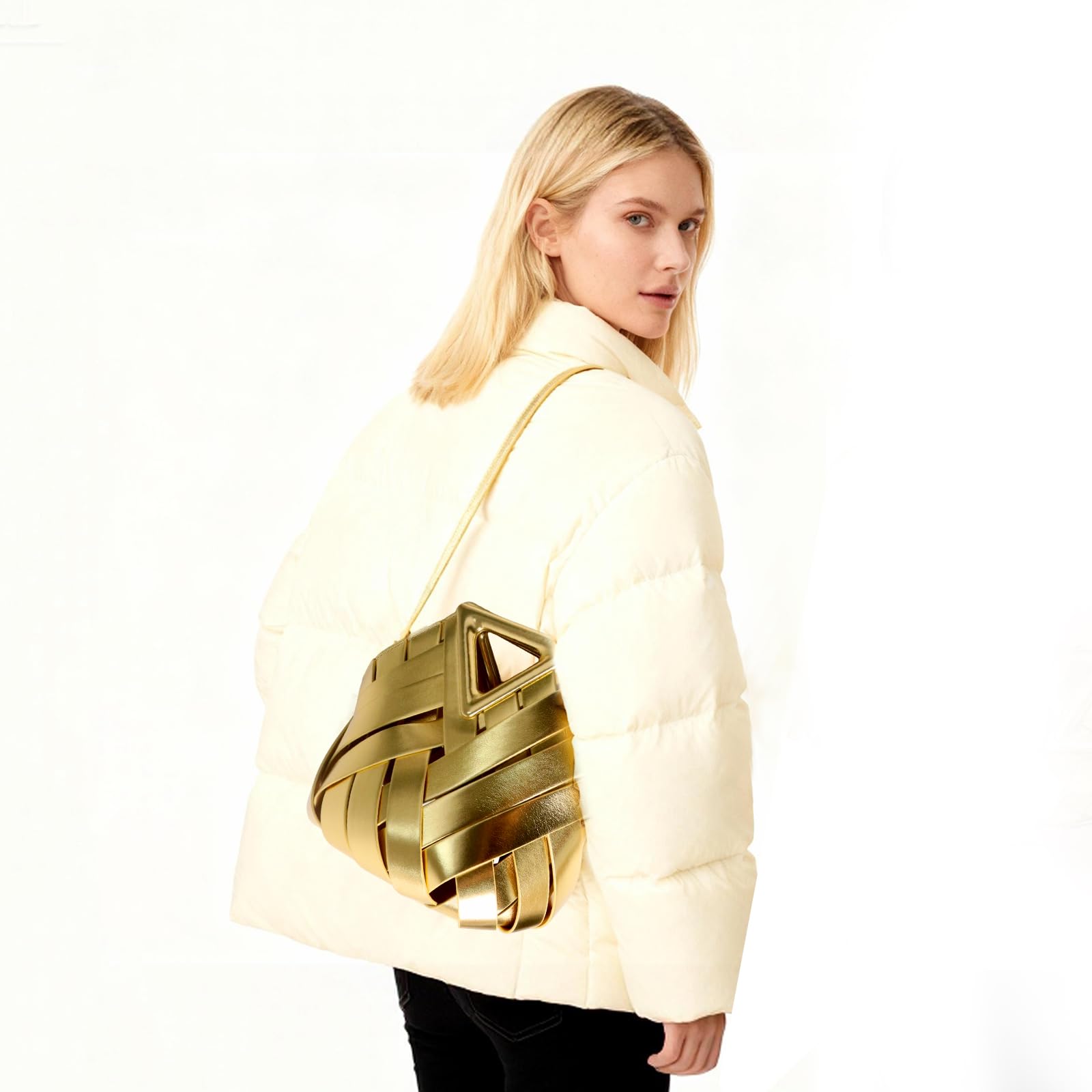 Designer Inspired Woven Bucket Bag for Women, Vegan Leather Multi-functional Crossbody Tote Purse Retro Style (Gold)