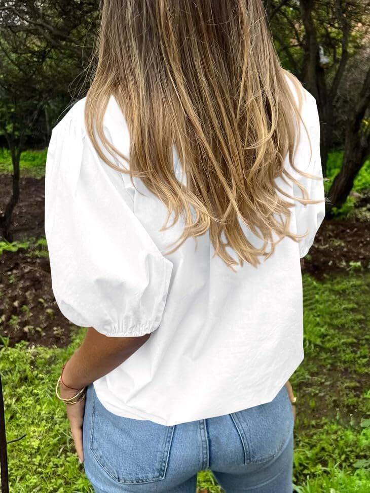 Tankaneo Women's Button Down Shirts Short Puff Sleeve Collared Dressy Casual Blouse Tops White