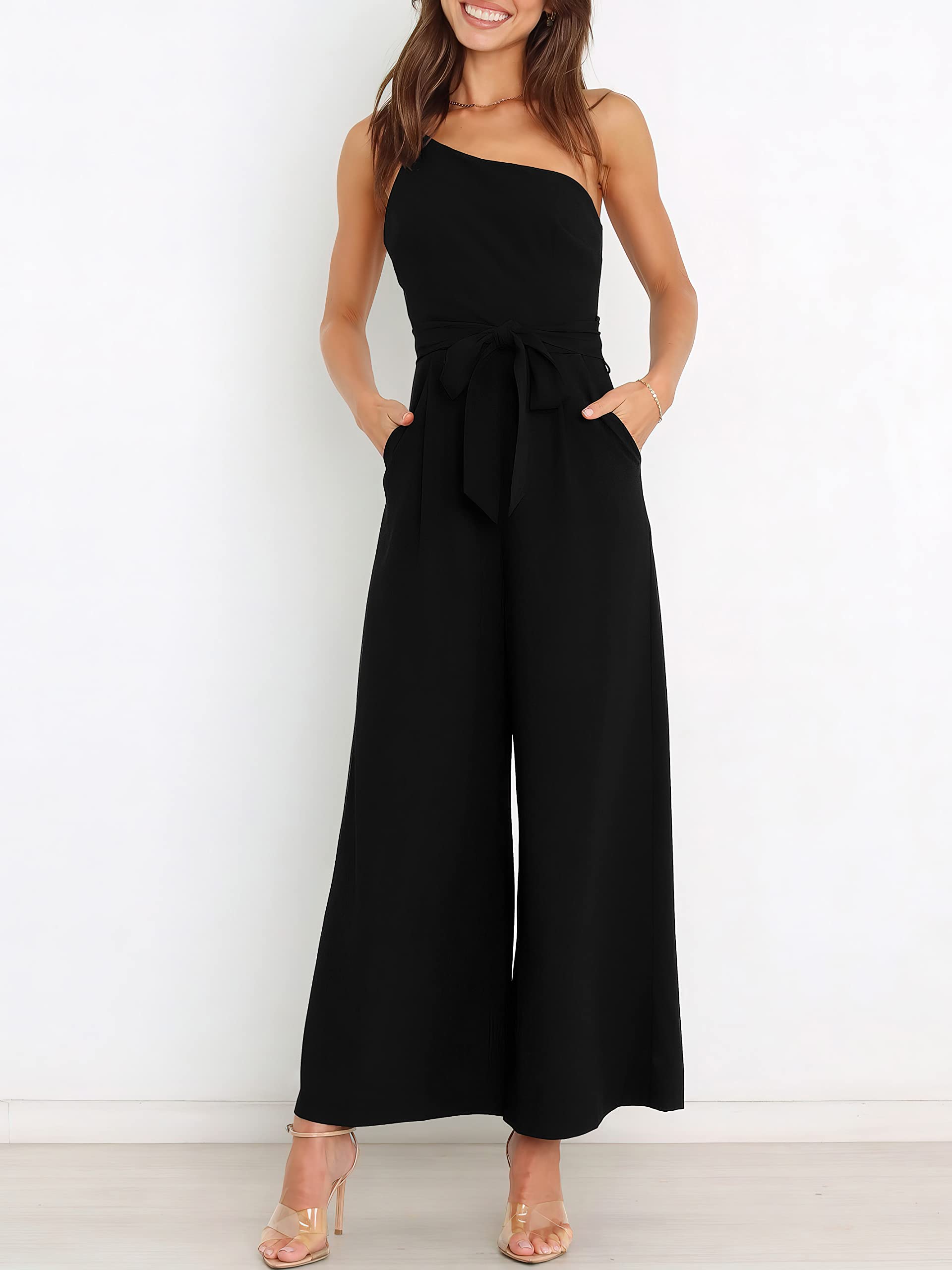 ANRABESS Women Summer Dressy Jumpsuits One Shoulder Sleeveless Casual Wide Leg Pants Romper Jumper 2025 Trendy Outfits Black Medium