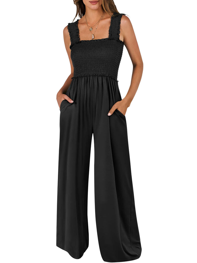 ANRABESS Womens Casual Summer Jumpsuits Smocked Sleeveless Wide Leg Long Romper Jumpers Dressy 2025 Vacation Outfits Black M
