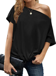 Womens Summer Black Off The Shoulder Tops Sexy Casual Short Sleeve 2025 Trendy Ladies Cute Front Twist Knot Batwing Dolman Going Out Oversized T Shirts Blouse Fashion Clothes L