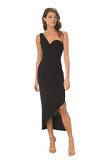 Load image into Gallery viewer, Dress the Population Women&#39;s Magnolia Crepe, Midi, Bodycon, Asymmetric Neck Dress, Black, Medium
