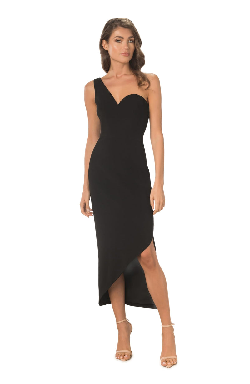 Dress the Population Women's Magnolia Crepe, Midi, Bodycon, Asymmetric Neck Dress, Black, Medium