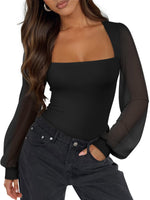 Load image into Gallery viewer, PINKMSTYLE Mesh Bodysuit for Women Sexy Slimming Square Neck Double Lined Tops Fall Classy Puff Long Sleeve Tops Shirts Black Medium
