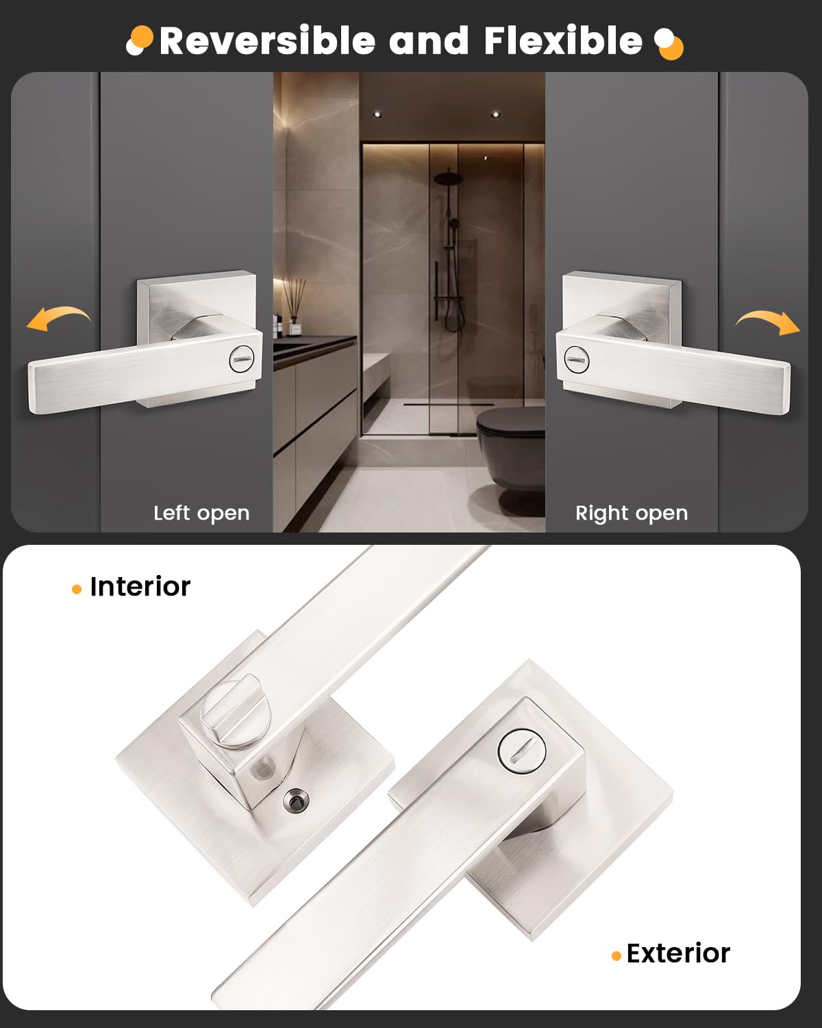 Gobrico 5 Pack Satin Nickel Square Door Levers with Privacy Lock,for Bedroom and Bathrom,Zinc Alloy Made Heavy Duty