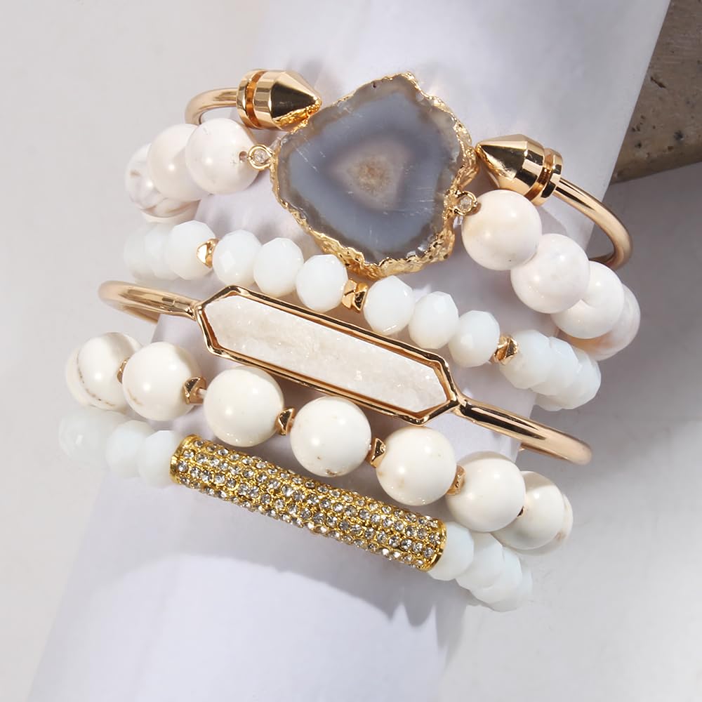 Yomisa 6PCS Natural Boho Beaded Bracelets Bangle for Women,Healing Turquoise Tiger eyes Agate Crystal Gemstone Stone Diamond Chakra Multi Wrap Bohemian Handmade Jewelry Beads Stretch Bracelet Set