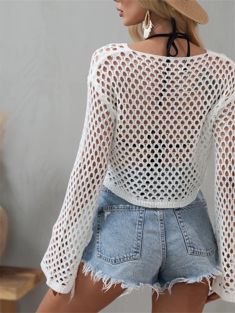 KEOMUD Women Mesh Crochet Crop Top Long Sleeve Hollow Out Knit Sweater Bikini Beach See Through Cover Ups A White Large