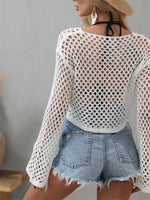 Load image into Gallery viewer, KEOMUD Women Mesh Crochet Crop Top Long Sleeve Hollow Out Knit Sweater Bikini Beach See Through Cover Ups A White Large

