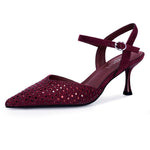 Load image into Gallery viewer, Migpuel Rhinestone Kitten Heels for Women Closed Pointed Toe Stiletto Heels Ankle Strap Buckle Prom Party Wedding Office Work Elegant Dress Pumps Shoes(Burgundy_Suede,7)
