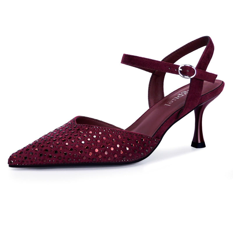 Migpuel Rhinestone Kitten Heels for Women Closed Pointed Toe Stiletto Heels Ankle Strap Buckle Prom Party Wedding Office Work Elegant Dress Pumps Shoes(Burgundy_Suede,7)